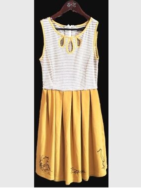 Yellow and White Striped Sleeveless Midi Dress Hand Embroidered Birds M